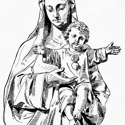 Statue der Jungfrau Maria mit dem kleinen Jesus mit offenen Armen. Stephanskirche in Pápa, Ungarn.